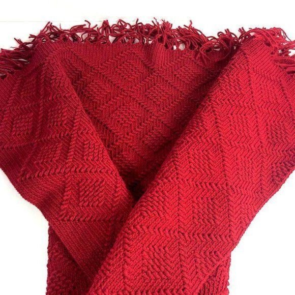 Handmade Crochet Knit Red Big Chunky Diamond Pattern Blanket Throw w Fringe VTG